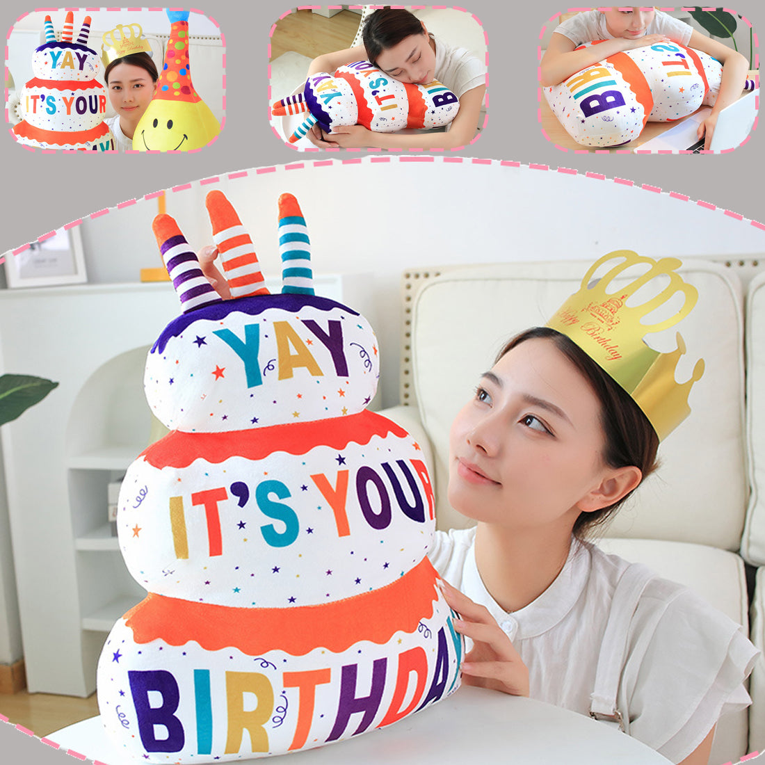 ELAINREN Ultra-Soft Plush Food Happy Birthday Cake Toy Pillow/17.7''