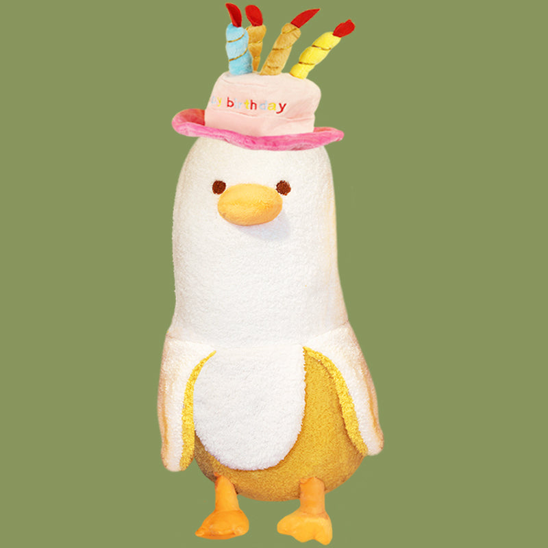 ELAINREN Happy Birthday Banana Duck Plush Toy Cute Stuffed Banana Duck Wearing Birthday Hat/19.6''