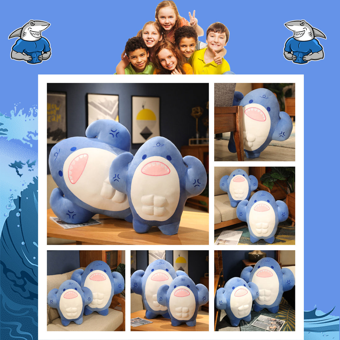 ELAINREN Big Blue Muscle Shark Plush Toy Pillow/19.6‘’