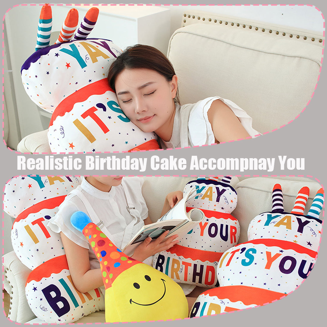 ELAINREN Ultra-Soft Plush Food Happy Birthday Cake Toy Pillow/17.7''